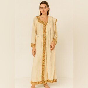 Vintage Ethiopian Cream Boho Maxi Dress Beaded Embroidered Long Sleeve Ethnic